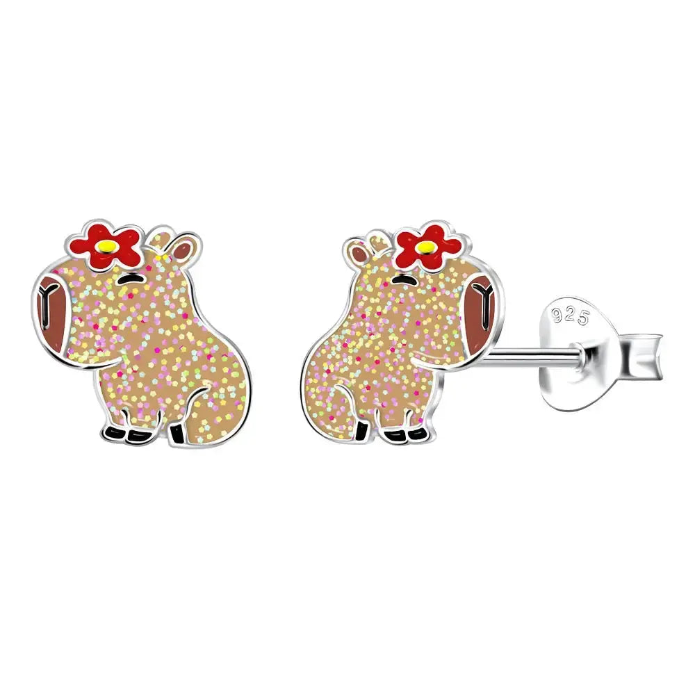 Hopeakorvakorut kapybara ja kukka - hopeakorvakorut