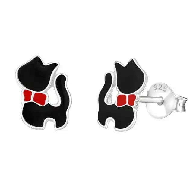 Hopeakorvakorut musta kissa ja rusetti - hopeakorvakorut