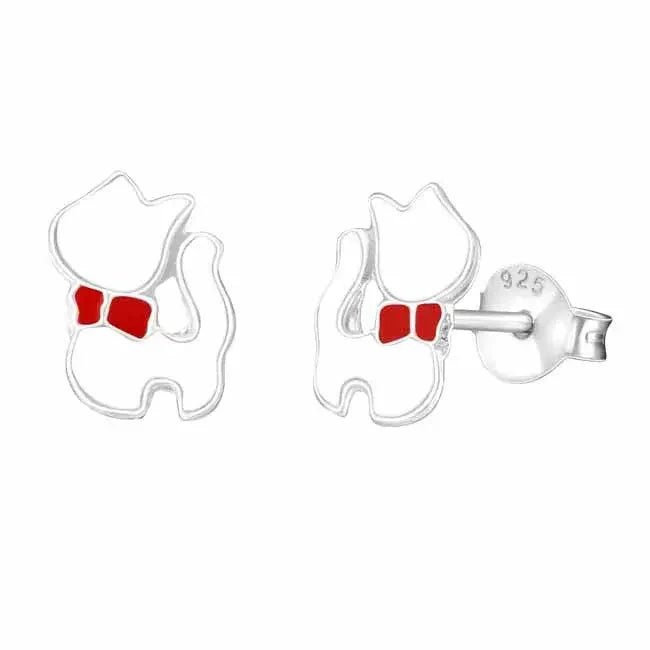 Hopeakorvakorut valkoinen kissa ja rusetti HM Koru