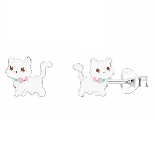 Hopeakorvakorut valkoinen kissa rusetilla - hopeakorvakorut