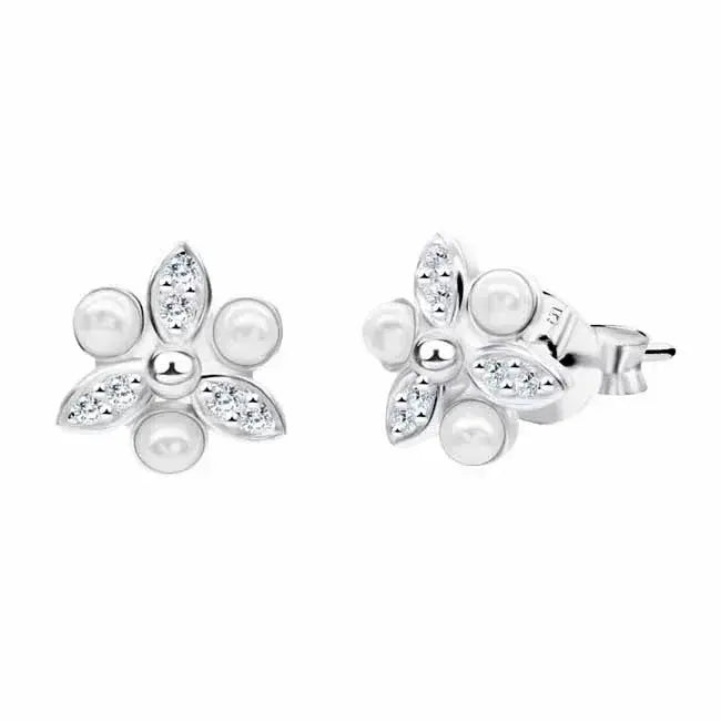 Hopeiset kukkakorvakorut helmillä - hopeakorvakorut