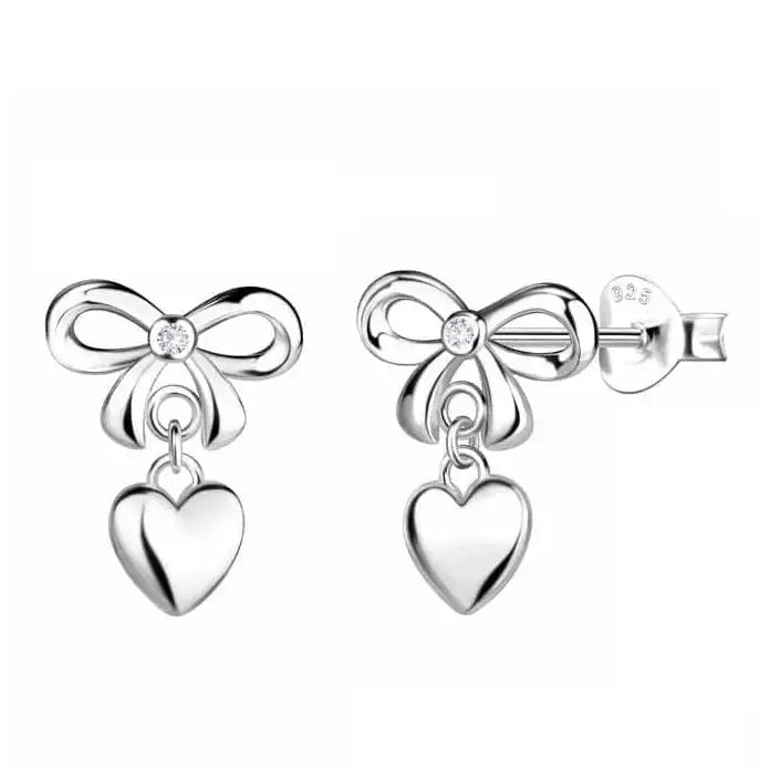 Hopeiset rusetti-korvakorut roikkuvilla sydämillä - hopeakorvakorut