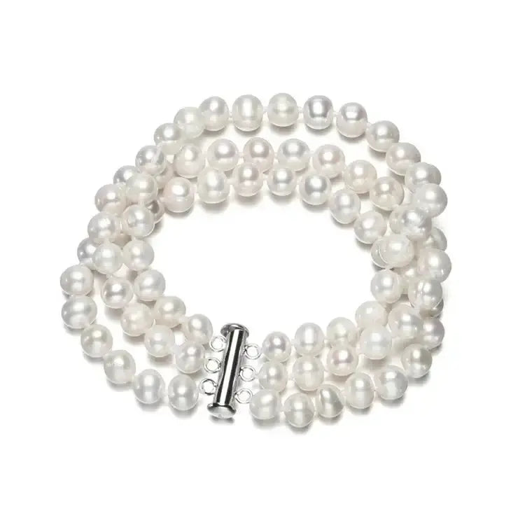 Kolminkertainen helmirannekoru 7 mm helmillä - 18.5 cm - hopearannekoru