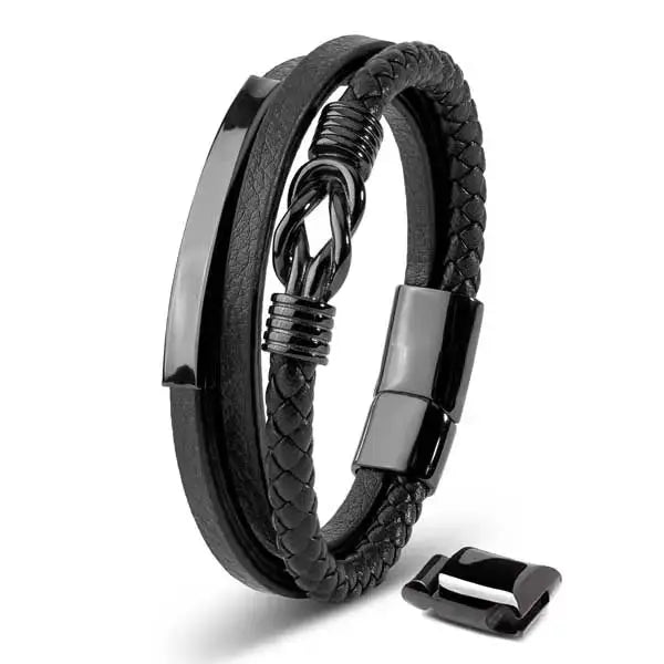 Miesten nahka-teräsrannekoru musta laatta ja solmu - teräsrannekoru